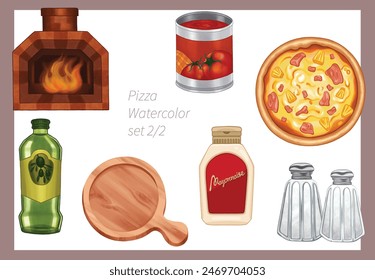 Pizza illustration watercolor ingredient food painting hand drawn clipart Set 2