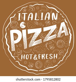 Pizza, image in one white color on a white background, sketch with retro elements. Italian cuisine menu design, pizza box design. Title "Italian pizza" vector drawing frame.