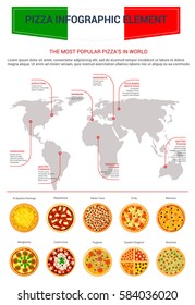 Pizza infographics of Italian pizzeria or fast food pizza consumption preference information on Italy flag. Margherita, napoletana, capricciosa and marinara, ai quattro fomagi sorts