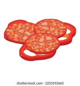 Pizza ingredient icon isometric vector. Sausage slice and sweet red pepper piece. Fast food product