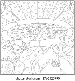 Pizza and ingredient theme adult and kid coloring page in stylish vector illustration for education and learning