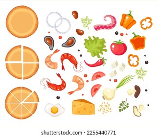 Pizza ingredient vector seafood top view menu ingredients recipe concept. Vector cartoon graphic design element illustration