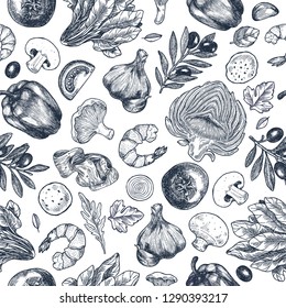 Pizza ingredients background. Linear graphic. Artichoke, tomato, garlicm basil, olive, pepper, mushroom, shrimp, leaf. Engraved seamless pattern. Vector illustration