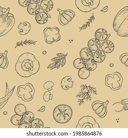 Pizza ingredients background. Linear graphic. Tomato, garlic, basil, olive, pepper, mushroom, leaf.