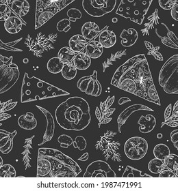 Pizza ingredients background. Linear graphic. Tomato, garlic, basil, olive, pepper, mushroom, leaf. Seamless pattern.