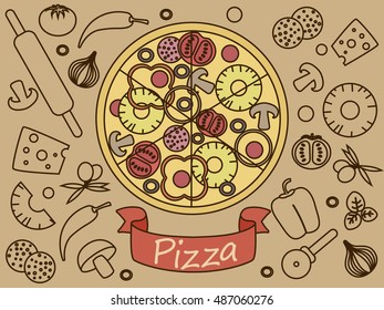 Pizza with ingredients banner. Colorful hand drawn vector illustration