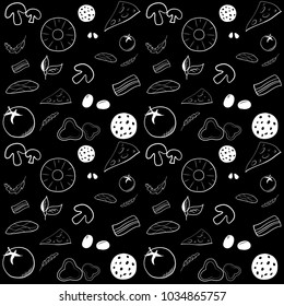 Pizza Ingredients black and white Seamles pattern. Repeat Background with food. Vegetables and meat. Print design for textiles, wallpapers, wrapping paper, fabrics. - Vector