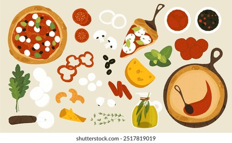 Ingredientes de pizza. Pizza de dibujos animados con queso, salsa de tomate, pepperoni y champiñones, comida casera italiana estilo plano. Conjunto aislado de Vector.