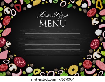 Pizza ingredients chalkboard background. Vector black board layout for pizzeria cafe menu or pizza delivery order design