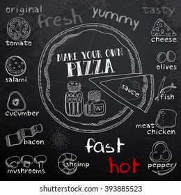 Pizza and ingredients for cooking