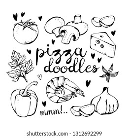 Pizza ingredients doodles, vector set isolated on white background