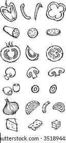 Pizza Ingredients Doodle-Sketch collection of vegetable and spice in different slice variation