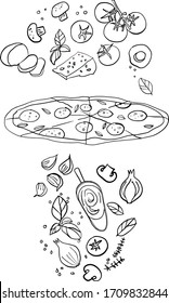 Pizza ingredients drawing. Vector hand drawn pizza illustration on isolated white background.