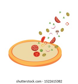 pizza ingredients falling over pizza dough over white background, vector illustration