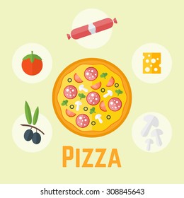 Pizza and ingredients flat design vector illustration