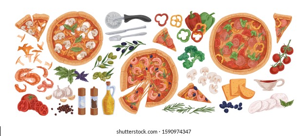 Pizza ingredients flat vector illustrations set. Hand drawn mushrooms, seafood and vegetables isolated on white background. Pizza cutter knife, cutlery, salt and pepper shakers. Italian snack slices.