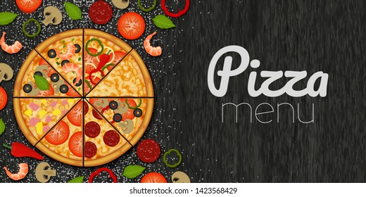 Pizza and ingredients for pizza and flour on wood black background. Pizza menu. Object for packaging, advertisements, menu. Vector illustration. Realistic.