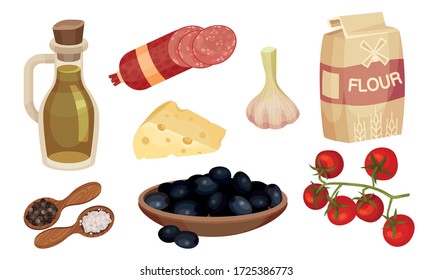 Pizza Ingredients with Flour and Slab of Cheese Vector Set