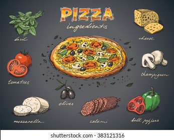 Pizza with ingredients free hand colorful drawing, sketch style. Dark background