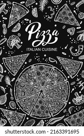 Pizza and ingredients. Hand drawn pizzeria menu template. Set of Italian cuisine products. Vector illustration
