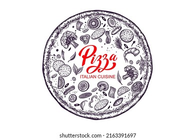 Pizza and ingredients. Hand drawn pizzeria menu template. Set of Italian cuisine products. Vector illustration