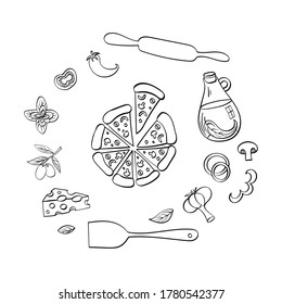 Pizza with ingredients hand drawn set. Doodle food isolated on white background. Vector illustration.