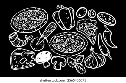 Pizza ingredients. Hand drawn vector with pizza, cheese, pepperoni, mushroom, onion, olive, bell pepper, shrimp, Fresh basil, red pepper, pizza cutter. Black background illustration.