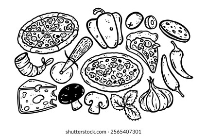 Pizza ingredients. Hand drawn vector with pizza, cheese, pepperoni, mushroom, onion, olive, bell pepper, shrimp, Fresh basil, red pepper, pizza cutter. Black and white illustration.