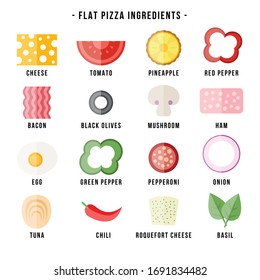 Pizza ingredients icons set with tomato onion flat isolated vector illustration