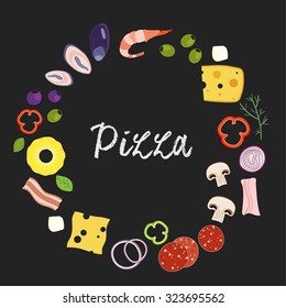 Pizza ingredients illustration in circle colorful elements with dark blackboard background and chalk handwriting pizza sign