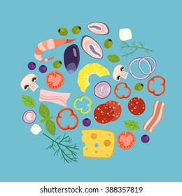 Pizza ingredients illustration in round form colorful elements with light bright blue background