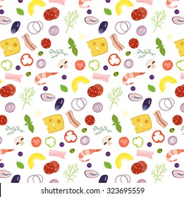 Pizza ingredients illustrations icons pizzeria wallpaper pattern with colorful elements and white background