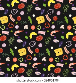Pizza ingredients illustrations icons pizzeria wallpaper pattern with colorful elements and black background