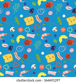 Pizza ingredients illustrations icons pizzeria wallpaper pattern with colorful elements and blue background