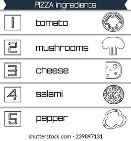 Pizza ingredients infographics in black and white style, vector illustration