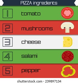 Pizza ingredients infographics multicolor ribbons, vector illustration