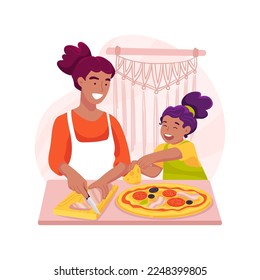 Ingredientes de pizza aislados ilustración vectorial de dibujos animados. Preparando comida en casa, pizza casera, miembros de la familia ponen queso encima de la base, cocina divertida, mesa con ingredientes vectores de dibujos animados.