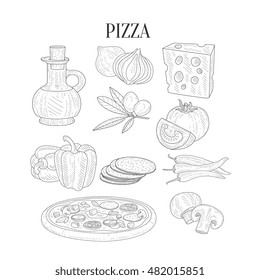 Pizza Ingredients Isolated Hand Drawn Realistic Sketches