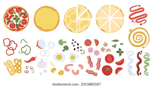 Pizza ingredients, italia food, pizzeria icons. Cheese, tomato, peppers and eggs. Fast lunch or dinner. Tasty italian meal, decent vector collection