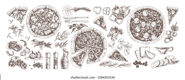 Pizza and ingredients monochrome set. Pepperoni, pizza with mushrooms and seafood hand drawn vector illustrations collection. Shrimp, garlic, chanterelles, cherry tomatoes and broccoli.