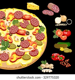 Pizza and its ingredients on a black background.