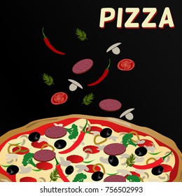 Pizza and ingredients on black background, vector illustration