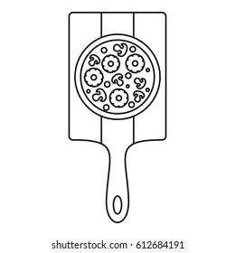 Pizza with with ingredients on board icon. Outline illustration of pizza with with ingredients on board vector icon for web
