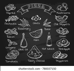 Pizza ingredients on chalkboard. Black board background with italian food pizza with vegetables and olives sketch, cheese and garlic doodles, vector illustration