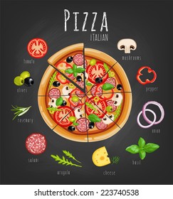 Pizza and ingredients for pizza on the chalkboard. Isolated. You can use in the menu, in the shop, in the bar, the card or stickers. Easy to edit. Vector illustration.