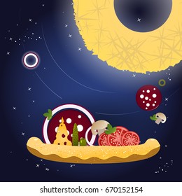 Pizza and ingredients on a dark blue background with stars. Vector illustration