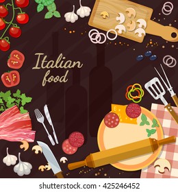 Pizza ingredients on the kitchen table italian food ingredients kitchen utensils cook pizza vector illustration 