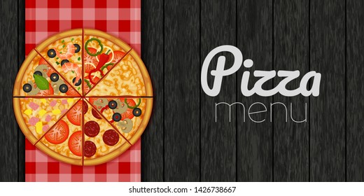 Pizza and ingredients for pizza on a red checkered tablecloth on wood black background. Pizza menu. Object for packaging, advertisements, menu. Vector illustration. Realistic.
