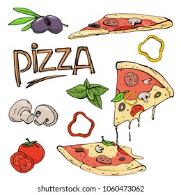 Pizza and ingredients on white background. Colorful vector illustration in sketch style.