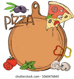 Pizza and ingredients on white background. Colorful vector illustration in sketch style. Place for your text. Mock-up.